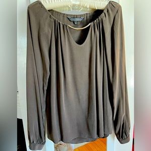 Waverly Grey taupe silk blouse with silver bar detail.